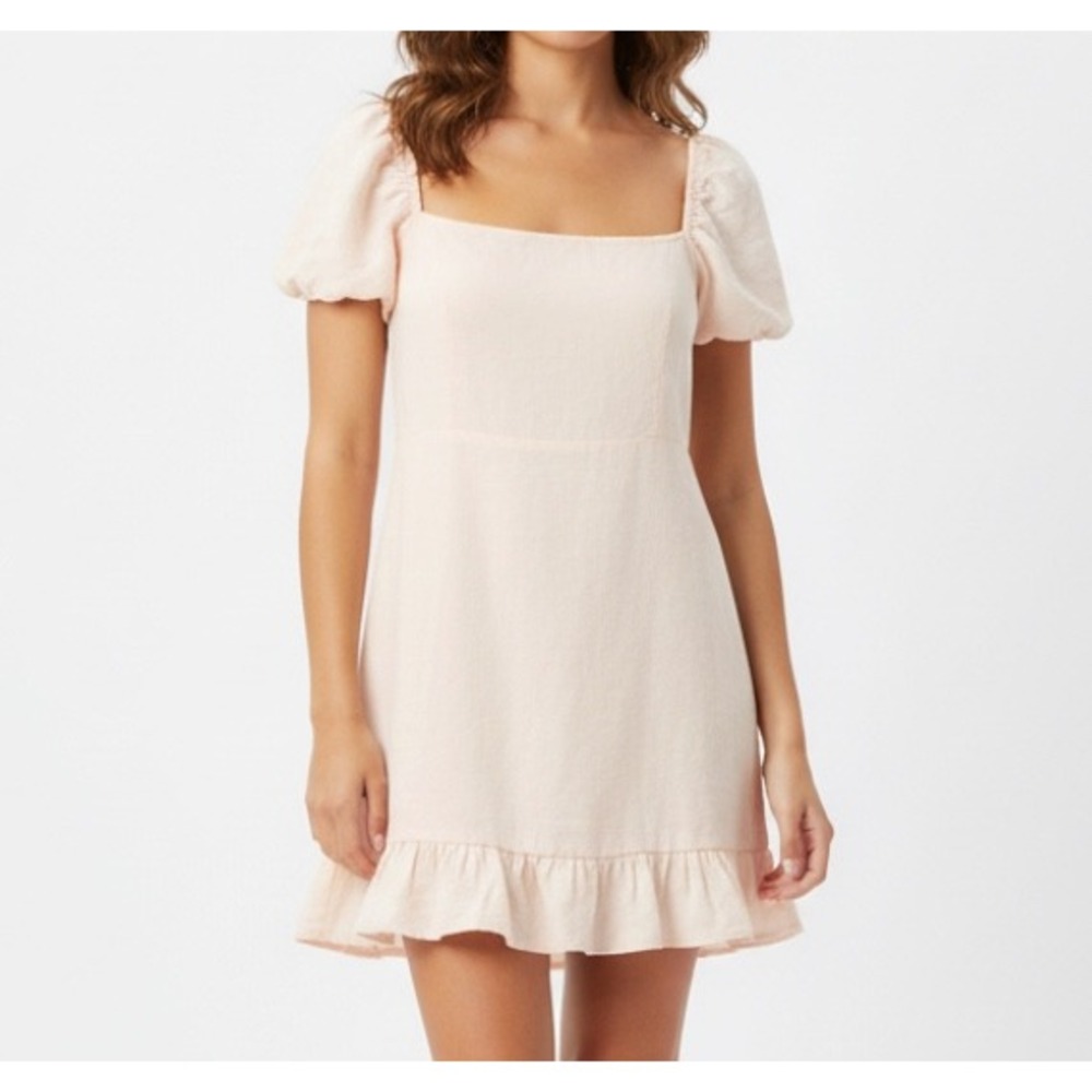 MOTEL URBAN OUTFITTERS Light Pink Twill PUFF SLEEVES Ruffle Mini A-Line Dress S